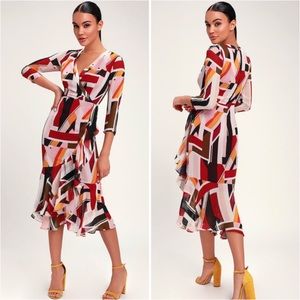 LULUS SHAPE IT UP BURGUNDY MULTI PRINT MIDI DRESS